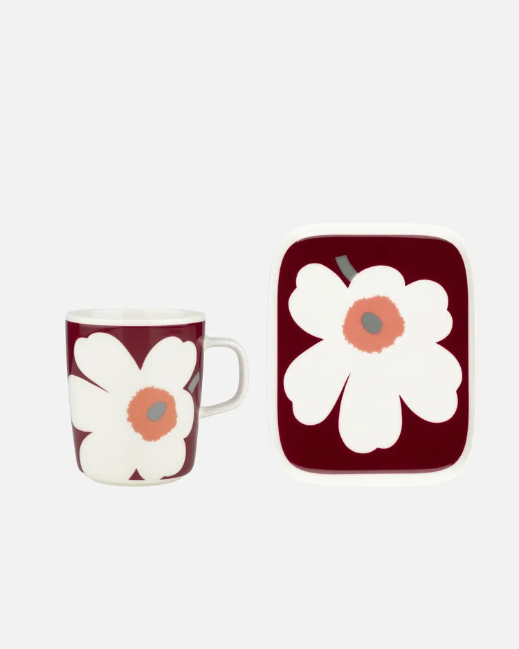 Unikko Anniversary Muki 2,5 Dl Ja Lautanen 15x12 Cm mug plate set white dark cherry ash grey