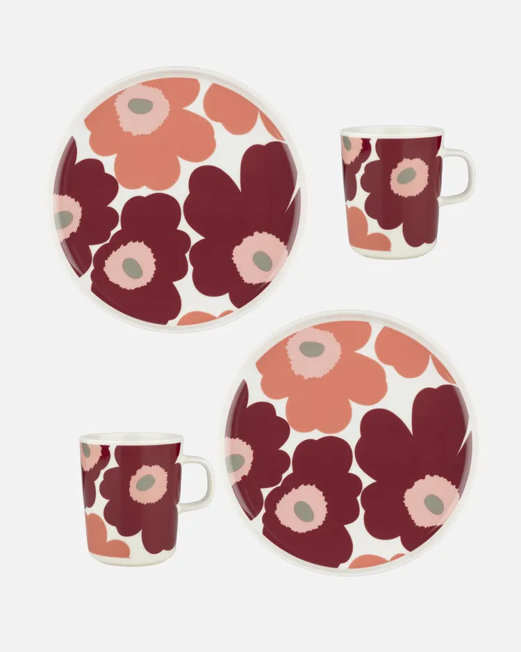 Oiva / Unikko Astiasetti 4pc breakfast set mug plate white dark cherry salmon red