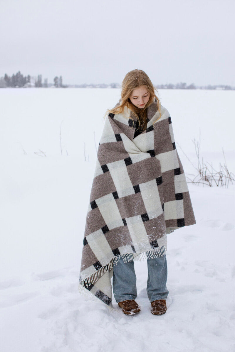 Blanket wool 130x180cm - PUNOS +fringes white-beige-black